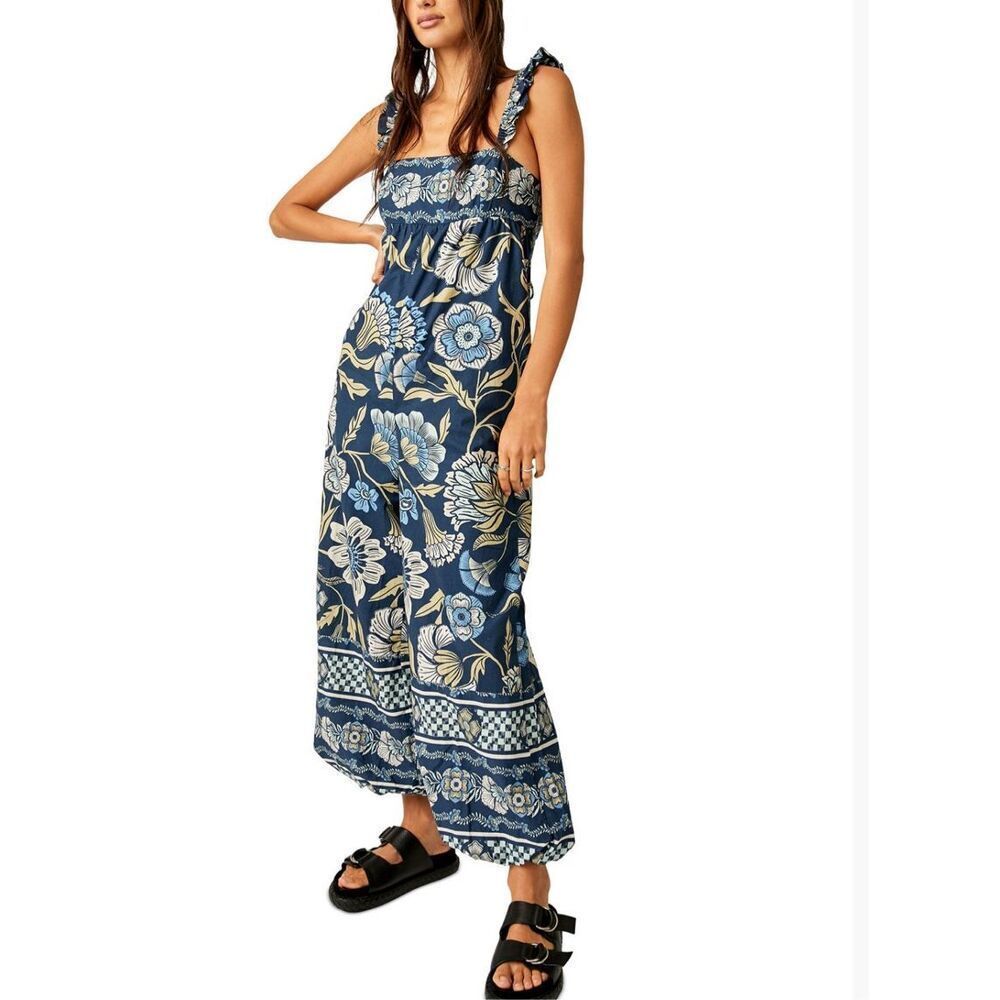 Free People Navy Blue Floral Wide-Leg Jumpsuit Bali small
